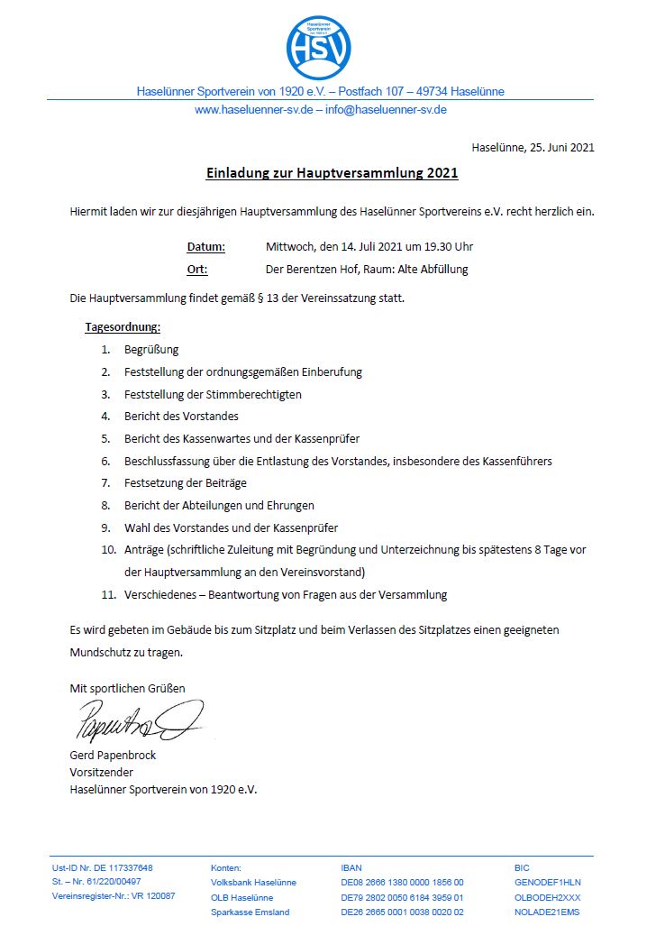 Einladung Hauptversammlung HSV 2021